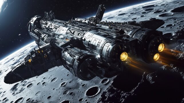 Spaceship in space near moon