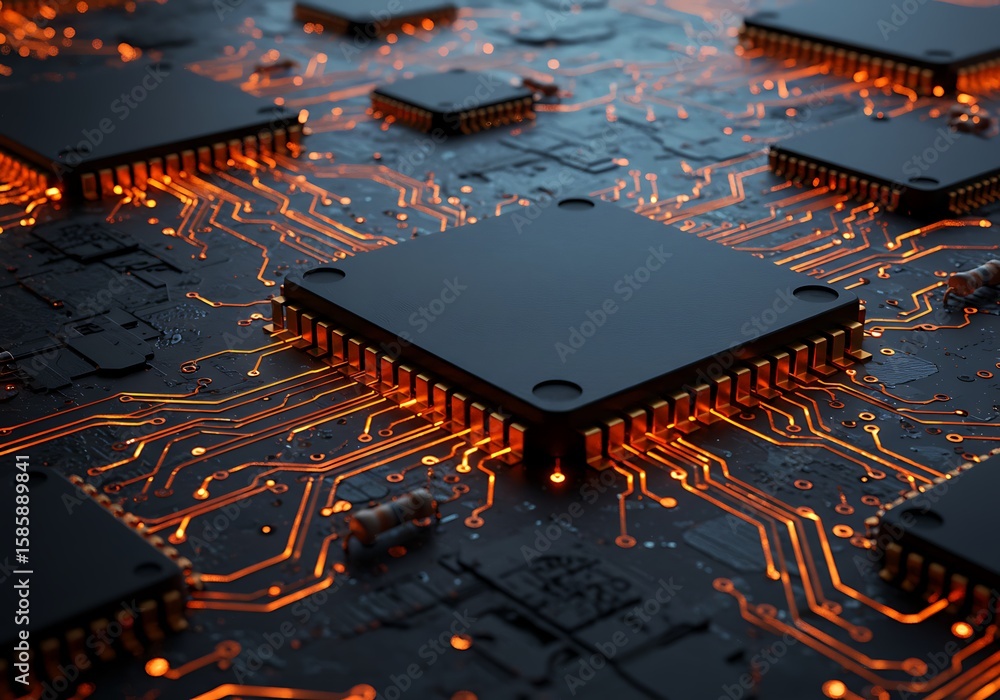 Aufkleber close up view of computer chips and orange illuminated circuit board