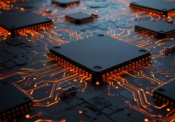 Close up view of computer chips and orange illuminated circuit board