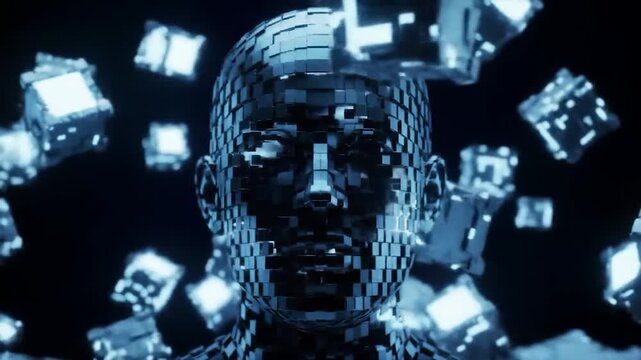 Abstract digital head composed of fragmented squares