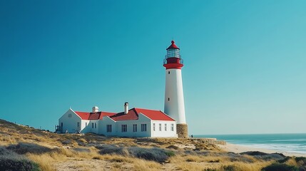 The iconic white lighthouse with red roof stands majestically against a clear blue sky and ocean