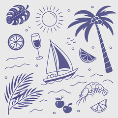 Playful tropical island pattern with sailboats, cocktails, and seashells in outline style. Hand-drawn summer vacation elements in calming color palette for web design, prints, and packaging.

