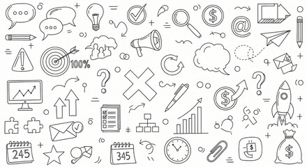 A black and white doodle pattern with business and communication icons on a white background surface