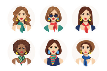 Stylish Women's Portraits: A collection of elegantly illustrated women, each showcasing unique beauty with chic accessories and refined features. 