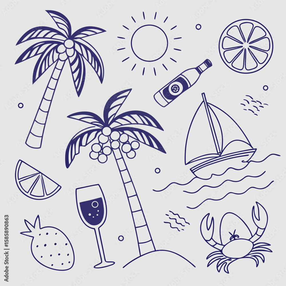 Fototapete fun and stylish summer vacation icons featuring tropical elements like boats, fruits, and palm trees