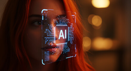 Woman's face overlaid with a futuristic AI interface, showcasing technological integration and facial recognition.