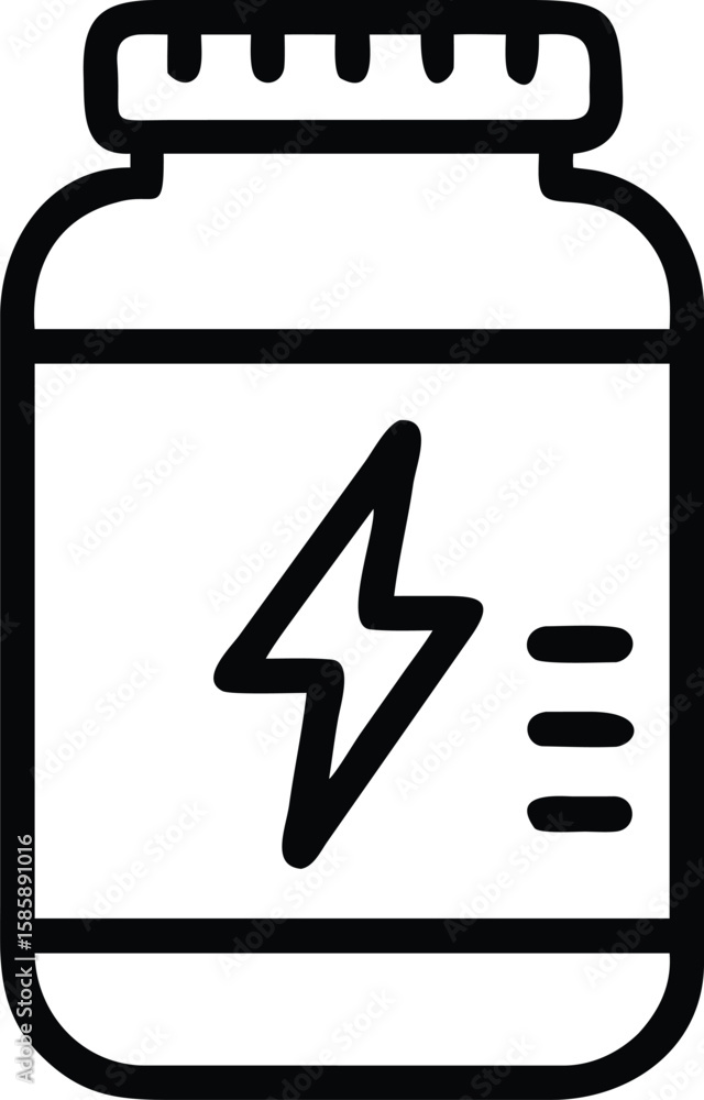 Poster protein container with energy symbol and three dashes in simple black outline style