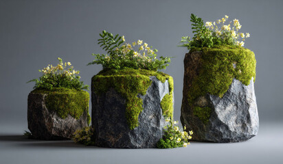 Three stone planters with a modern, minimalist style, topped with lush green moss and small yellow flowers. Perfect for a product placement.