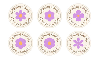 Set of round vintage stickers with the inscription "Flowers bring joy" and cute flowers in pastel colors. Ideal for packaging, gifts, crafting, scrapbooking and handmade design. For web,social network