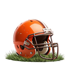 Orange american football helmet with brown stripes isolated on transparent background