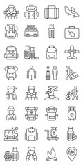 Backpacking for Solo Travelers set of web icons in line style. backpacking solo, solo travel backpack, lightweight backpacking and backpacker essentials. Vector illustration