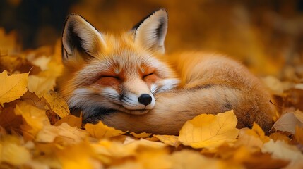 Obraz premium Cozy fox nestled in vibrant autumn leaves