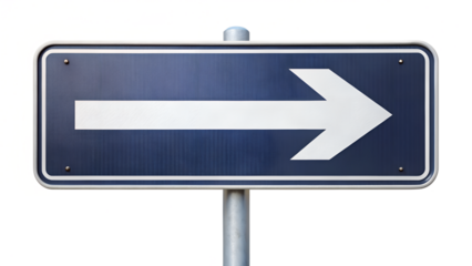 Photo of a blue and white directional sign points to the right isolated on transparent background