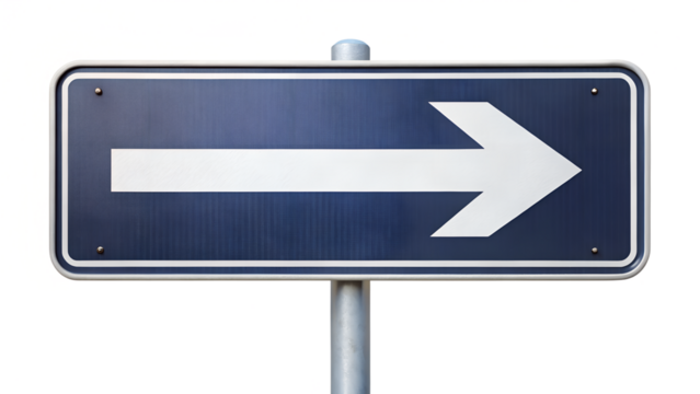 Photo of a blue and white directional sign points to the right isolated on transparent background