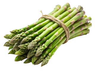 Photo of a bundle of fresh green asparagus spears tied with twine isolated on transparent background