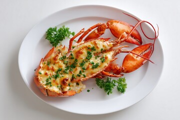 cooked lobster thermidor placed on a Plate on white background 