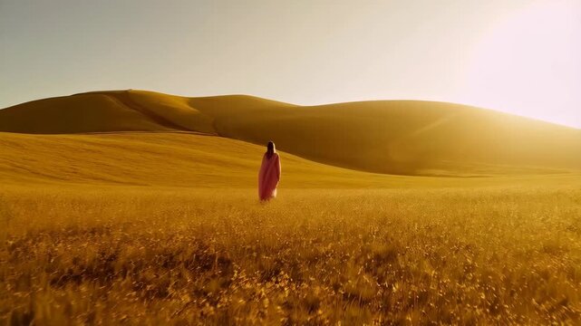 A solitary figure walks through a vast field of golden wheat at sunset. The person appears tiny against the backdrop of a rolling landscape