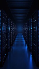 An endless row of servers glow with cool blue light in a dark, futuristic data center setting.