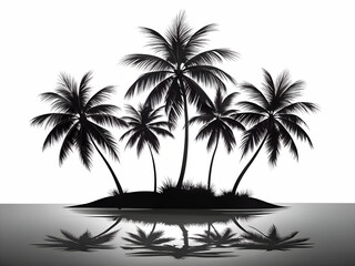 Fototapeta premium Silhouette of palm trees on a small island with reflection isolated on transparent background