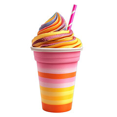 Swirled rainbow soft-serve in a pink, orange, and yellow striped cup with a pink straw