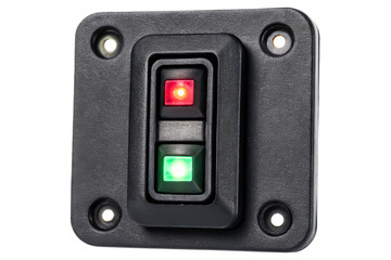 Industrial control panel rocker switch with red and green lights isolated with transparent background