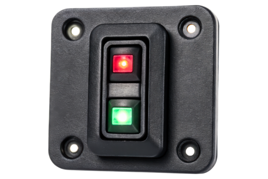 Industrial control panel rocker switch with red and green lights isolated with transparent background