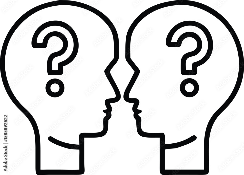 Poster question mark face profile thinking, problem solving, minimal line art style vector