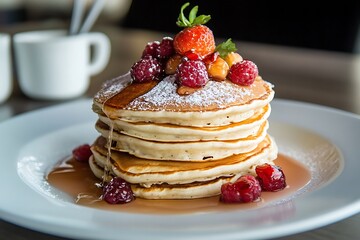 Stack of Pancakes Topped with Fresh Berries, Syrup, and Powdered Sugar on White Plate
