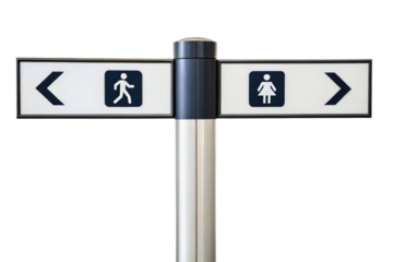Public restroom directional sign with male and female symbols isolated with transparent background