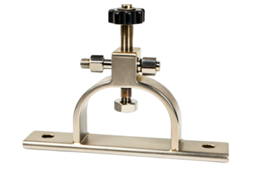 Industrial metal clamp tool with a mounting bracket and screw isolated with transparent background