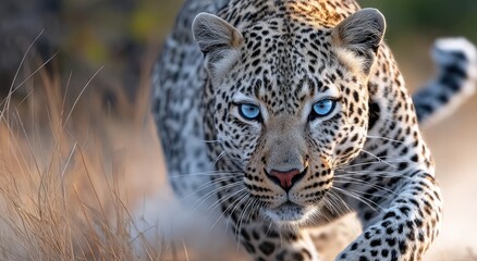 Fototapeta premium A leopard running through the savanna, with motion blur, sunlight, and a beautiful landscape