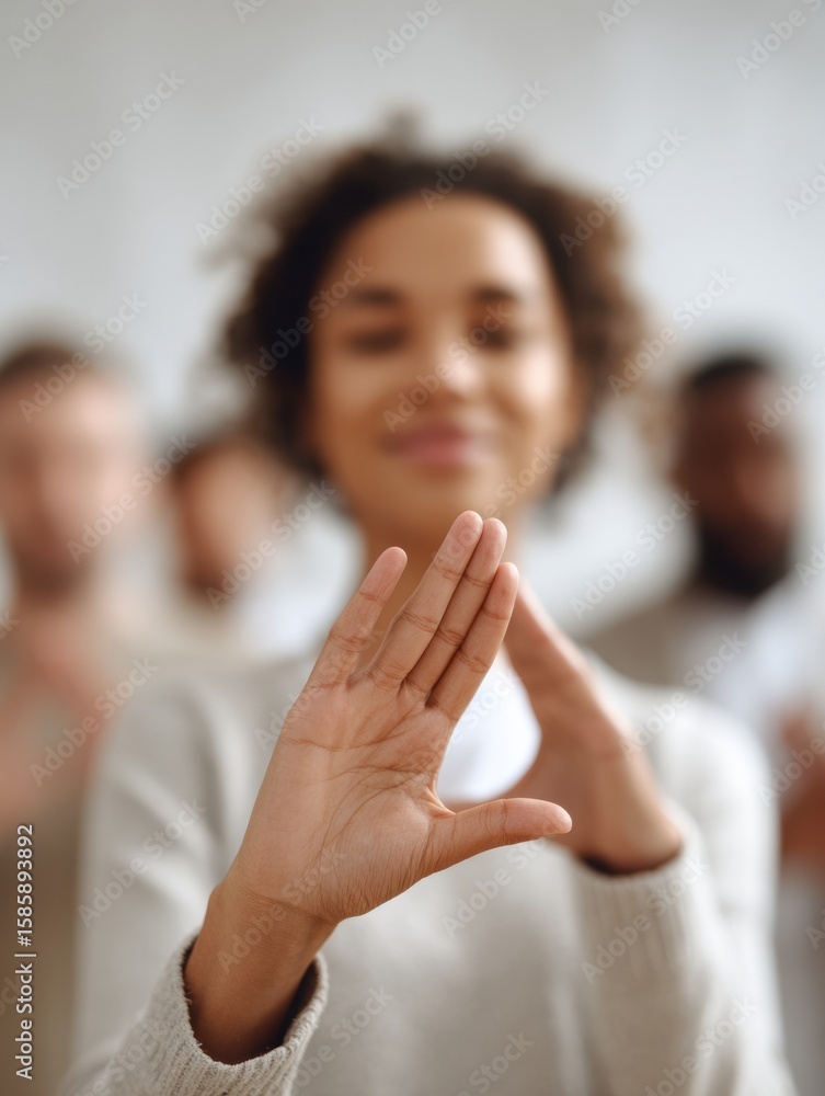 Poster group of people communicating using sign language in soft neutral tones during a community workshop 