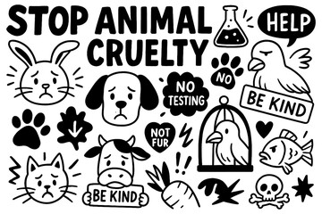 Sad animals and protest signs against animal cruelty, Transparent Background