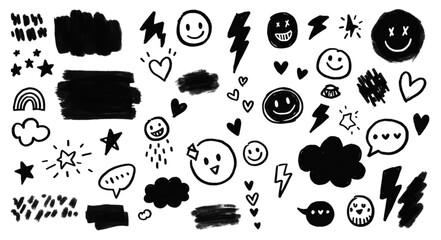 Doodle assortment with smileys, hearts, stars, speech bubbles, clouds and lightning bolts in black