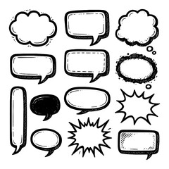 Hand Drawn Comic Speech Bubbles Set – Black and White Ink Sketch of Text Balloons, Thought Clouds, Dialogue Boxes, Shouting Bursts – Transparent PNG for Graphic Design and Comic Illustration