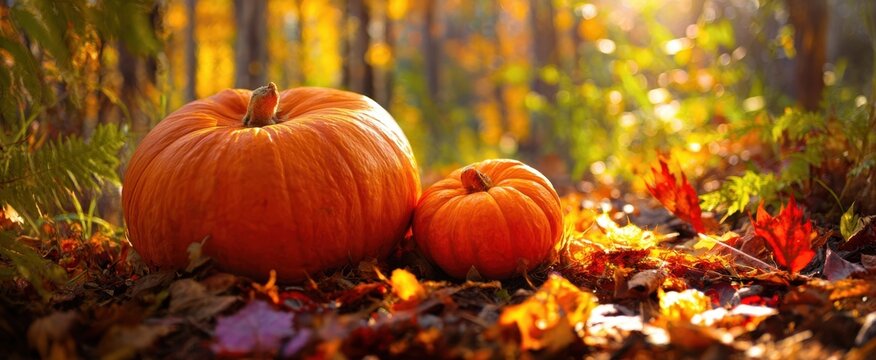 The beautiful pumpkins resting on a colorful autumn forest floor. - Powered by Adobe