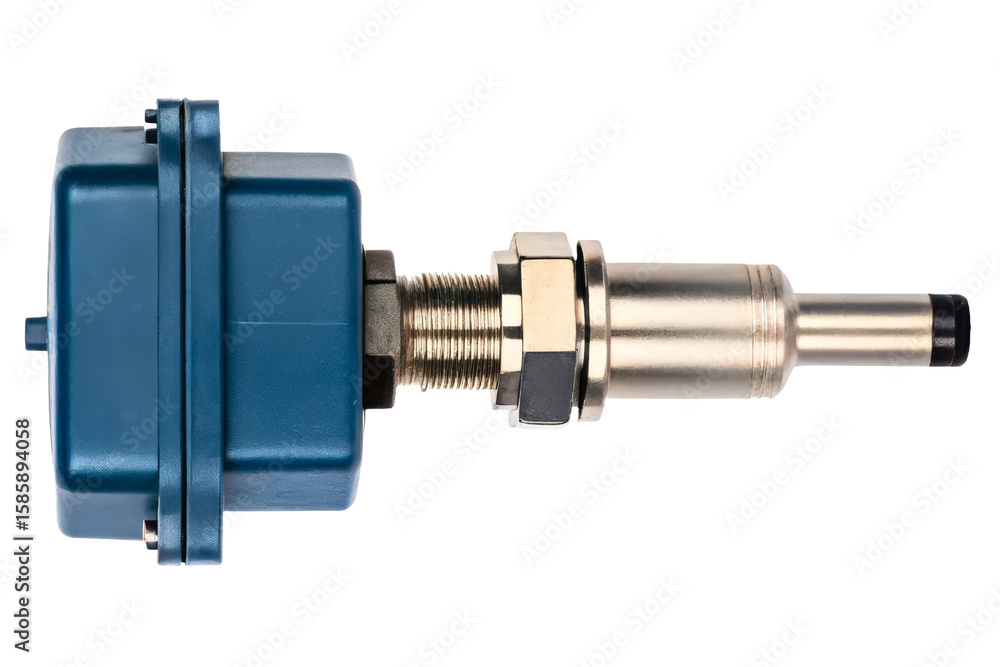 Poster industrial electronic sensor probe with a threaded mounting isolated with transparent background
