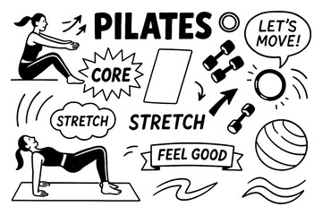 Women doing pilates workout poses with fitness elements, Transparent Background