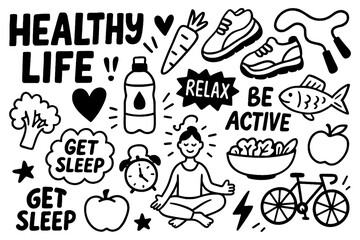 Healthy lifestyle sketch with fitness, food, sleep, and wellness icons, Transparent Background