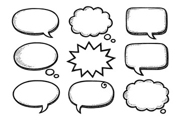 Fototapeta premium Hand-drawn Comic Speech Bubbles Collection with Various Shapes and Styles, Blank Sketch Cartoon Dialog Balloons, Doodle Elements Set for Graphic Novel, Comics Design, Transparent Background