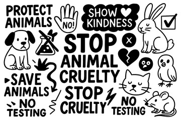 Sad animals and protest signs against animal cruelty, Transparent Background