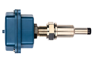 Industrial electronic sensor probe with a threaded mounting isolated with transparent background