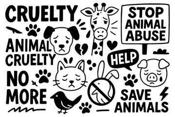 Sad animals and protest signs against animal cruelty, Transparent Background