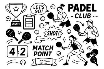 Hand Drawn Padel Tennis Doodle Set with Rackets, Players, Balls, Court Elements, and Action Words – Black and White Comic Style – Transparent Background