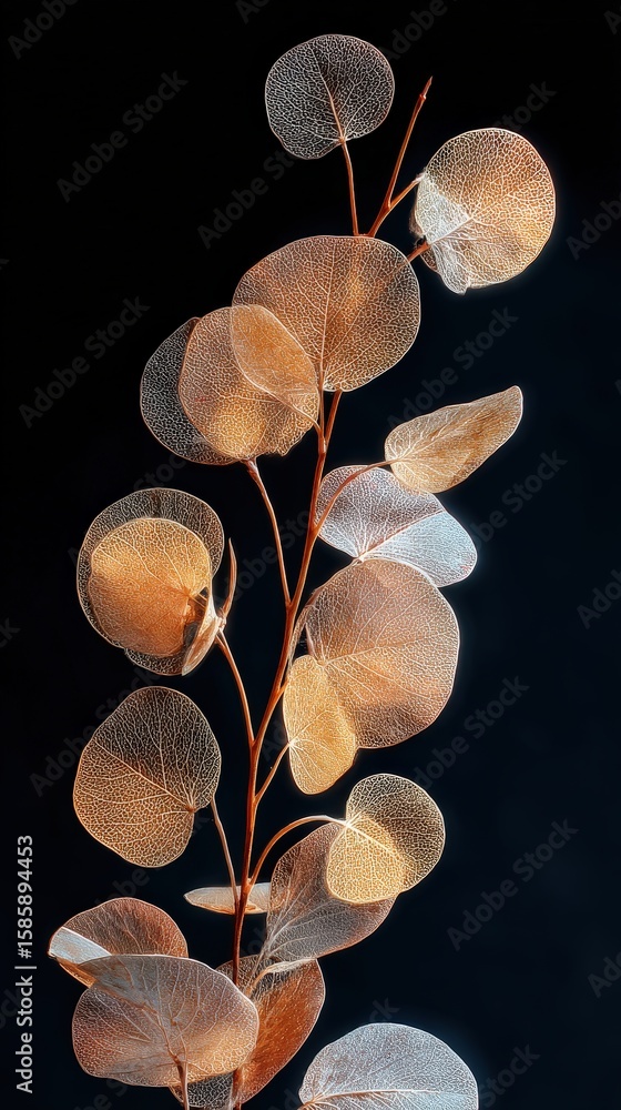 Poster delicate, translucent skeleton leaves with intricate vein patterns arranged on thin stems against a 