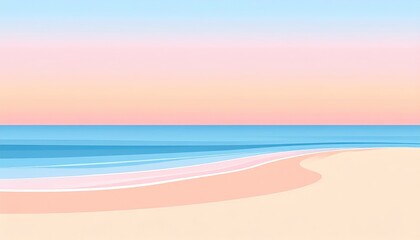 Obraz premium summer vacation beach tropical sunrise minimalist horizon. Serene beach scene with soft pastel colors and gentle waves lapping at the shore under a tranquil sky.