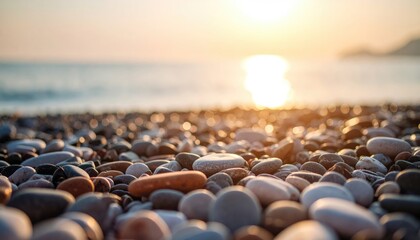 Obraz premium summer vacation beach tropical sunrise minimalist horizon. A serene beach scene featuring smooth pebbles in the foreground with a shimmering sunset reflecting on the water.