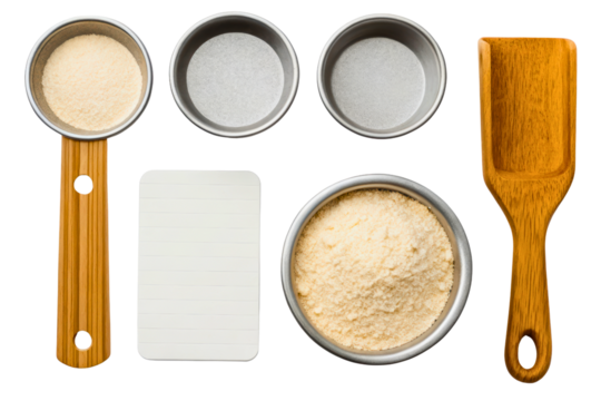 Wooden measuring cup, flour spatula, notepad, and metal measuring bowls isolated with transparent background