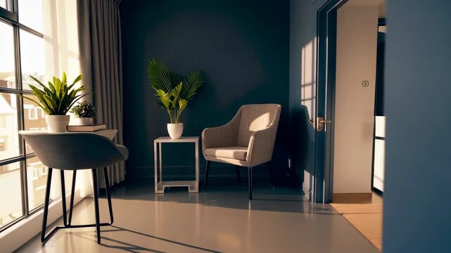 A modern room interior with plants and sunlight illuminating a tranquil scene. Features a contemporary chair and minimalistic décor.