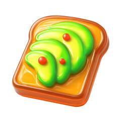 3D Translucent Icon Style Avocado Toast with Bright Green Avocado Slices and Red Dots Over Orange Toast against a Transparent Background